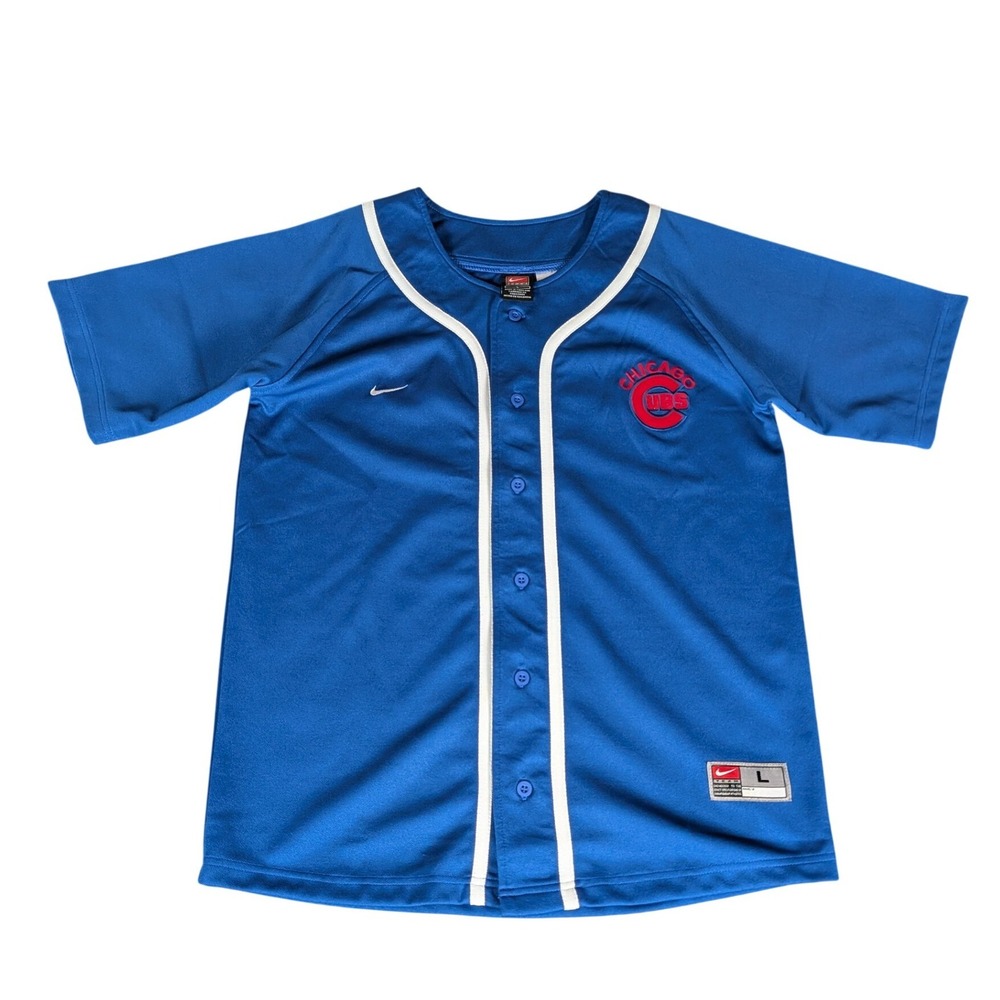 Nike Team Chicago Cubs MLB Baseball Jersey Blue Short Sleeve Button Front L